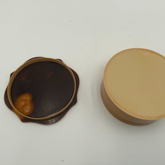VTG Art Deco Tan Celluloid Powder Puff Box w/Tortoise Design Lid 4 1/2" x 2" - Picture 2 of 10